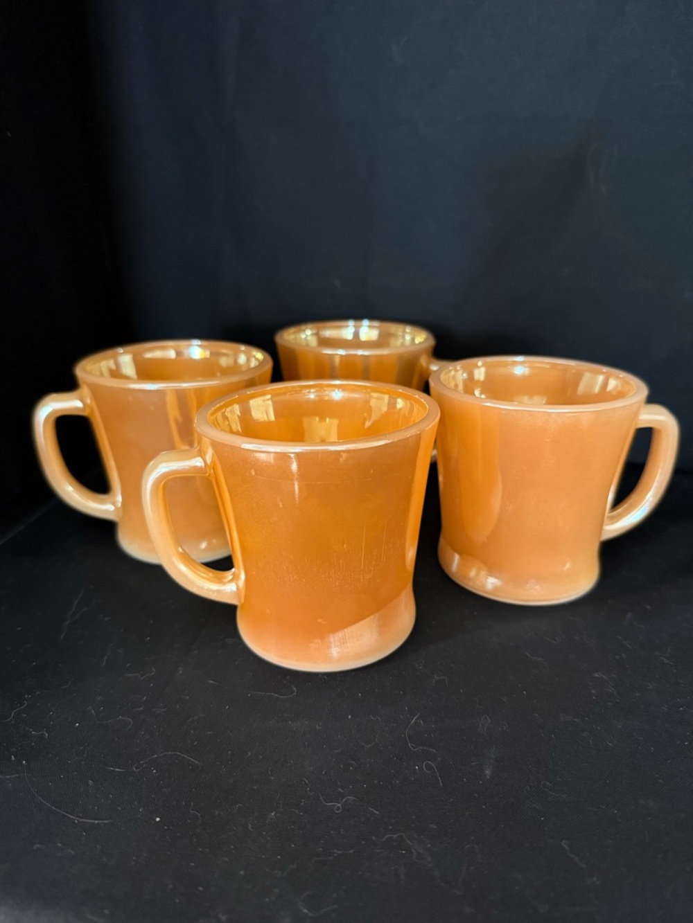 Fire King Peach Luster Mugs Anchor Hocking D-Handle Iridescent MCM Cup Set Of 4